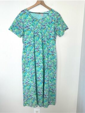 La Cera Floral Midi Dress Large 100% Cotton Cottagecore Green Blue Purple
